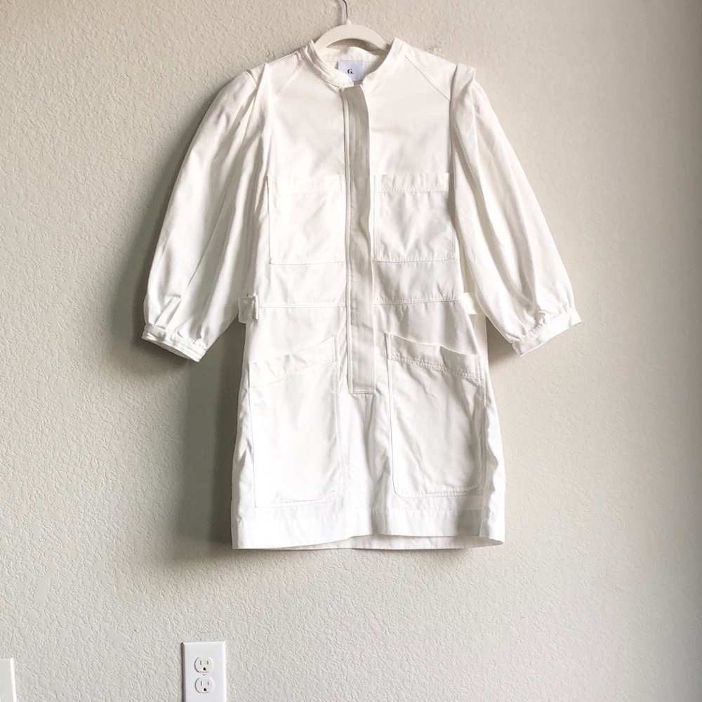 G Label by Goop Pappen Dress 3/4 Sleeve Eggshell Cotton Canvas Zip Front